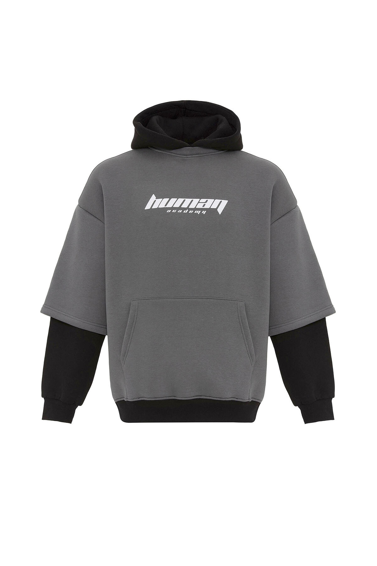 BASKILI ÇİFT KOL DETAYLI OVERSIZE SWEATSHIRT FÜME