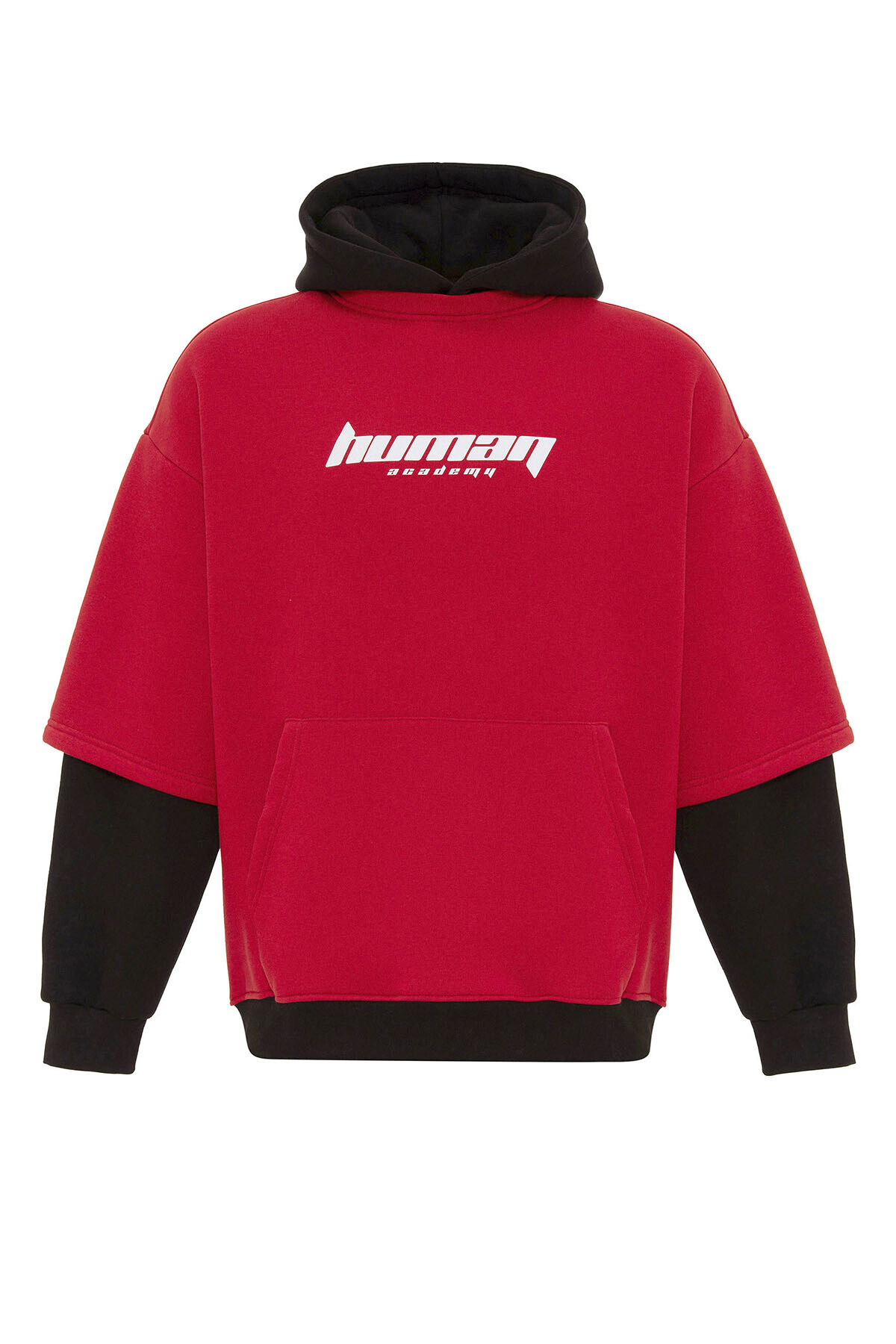 BASKILI ÇİFT KOL DETAYLI OVERSIZE SWEATSHIRT KIRMIZI