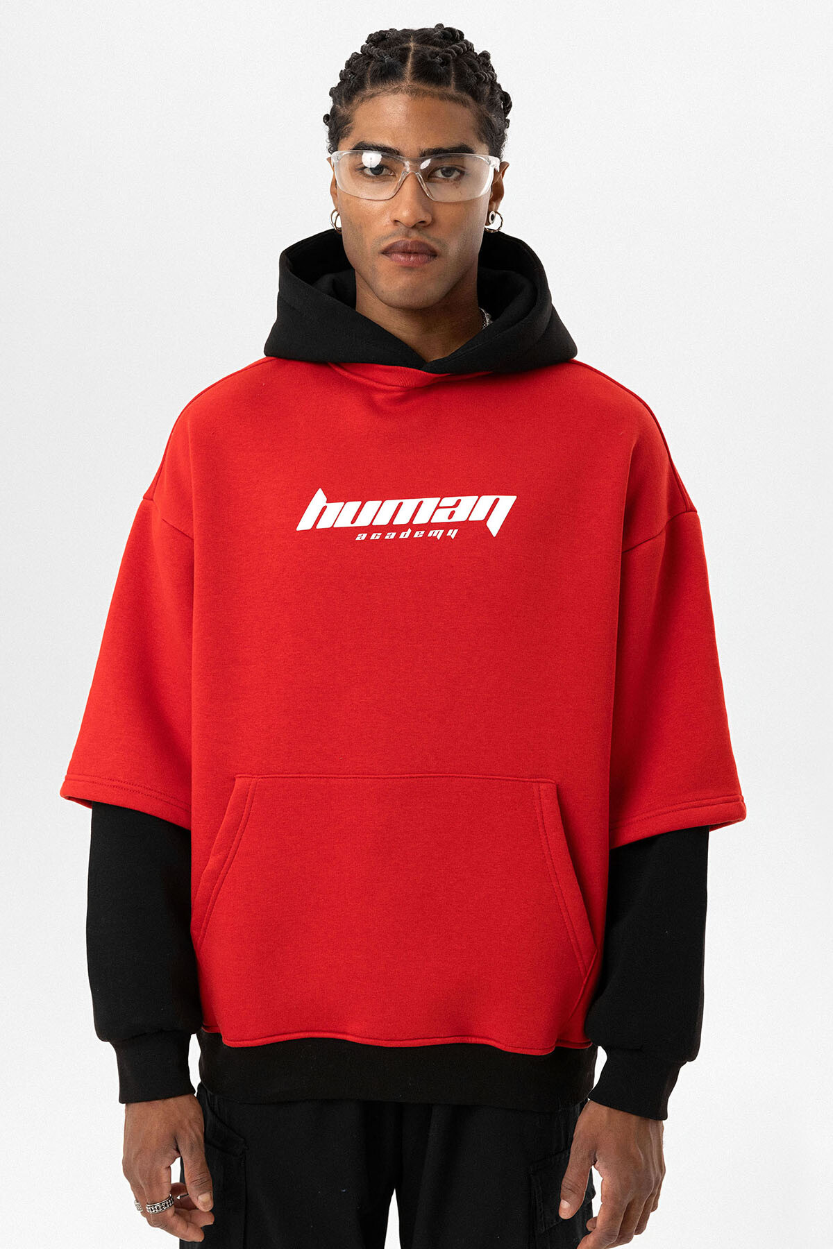 BASKILI ÇİFT KOL DETAYLI OVERSIZE SWEATSHIRT KIRMIZI