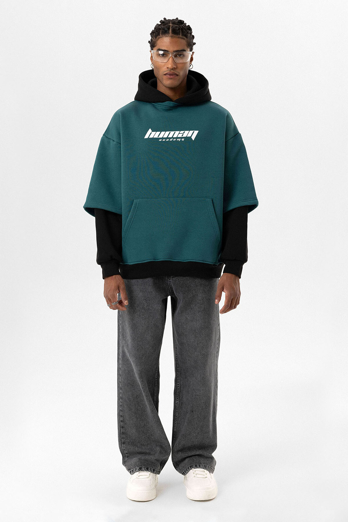 BASKILI ÇİFT KOL DETAYLI OVERSIZE SWEATSHIRT PETROL