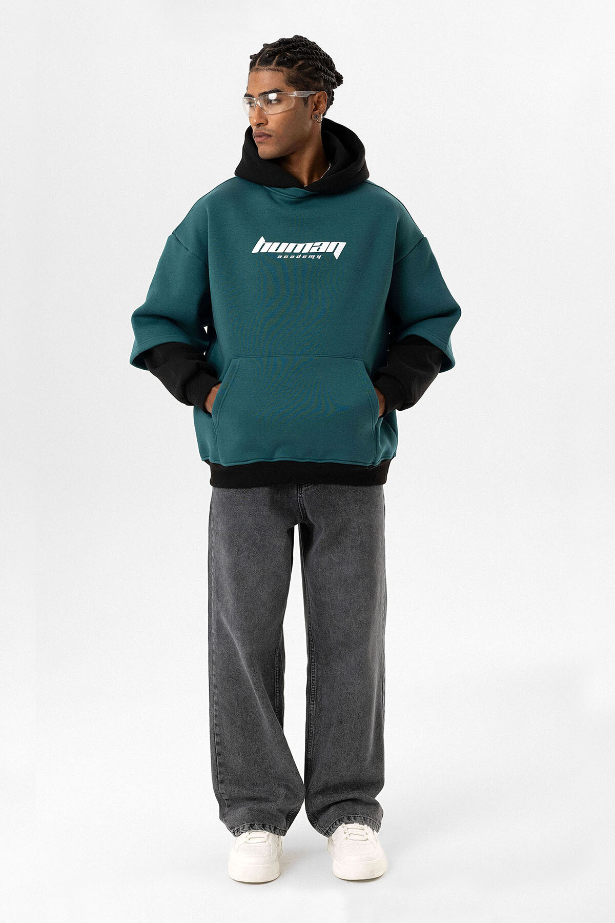 BASKILI ÇİFT KOL DETAYLI OVERSIZE SWEATSHIRT PETROL