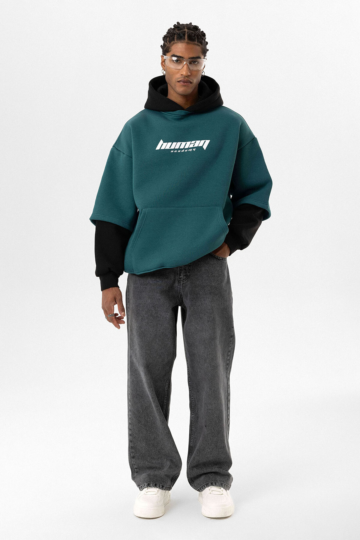 BASKILI ÇİFT KOL DETAYLI OVERSIZE SWEATSHIRT PETROL