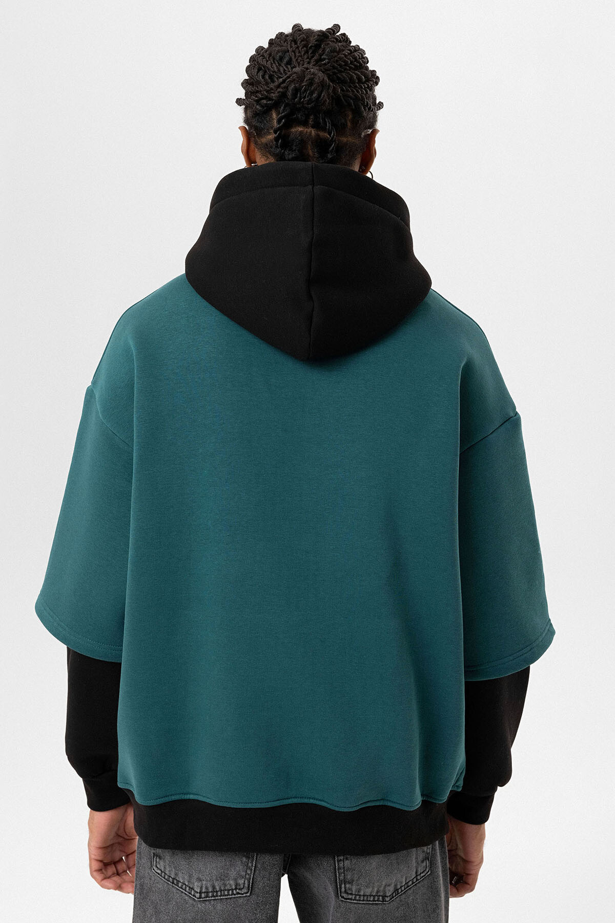 BASKILI ÇİFT KOL DETAYLI OVERSIZE SWEATSHIRT PETROL