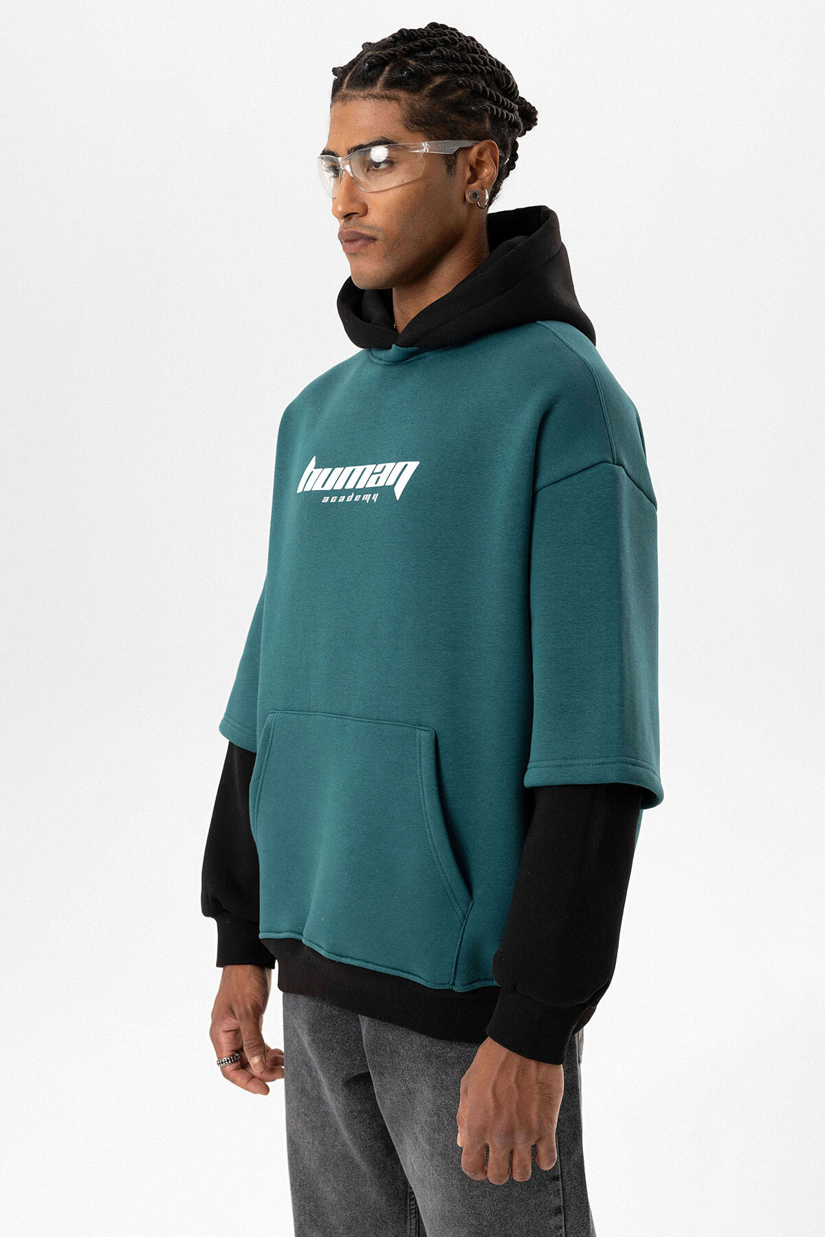 BASKILI ÇİFT KOL DETAYLI OVERSIZE SWEATSHIRT PETROL