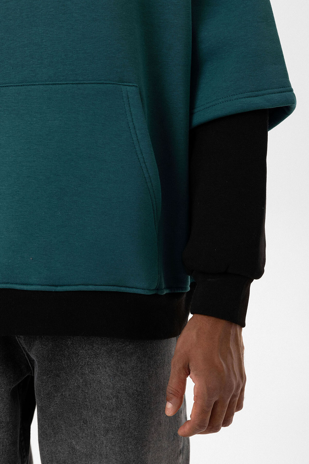 BASKILI ÇİFT KOL DETAYLI OVERSIZE SWEATSHIRT PETROL