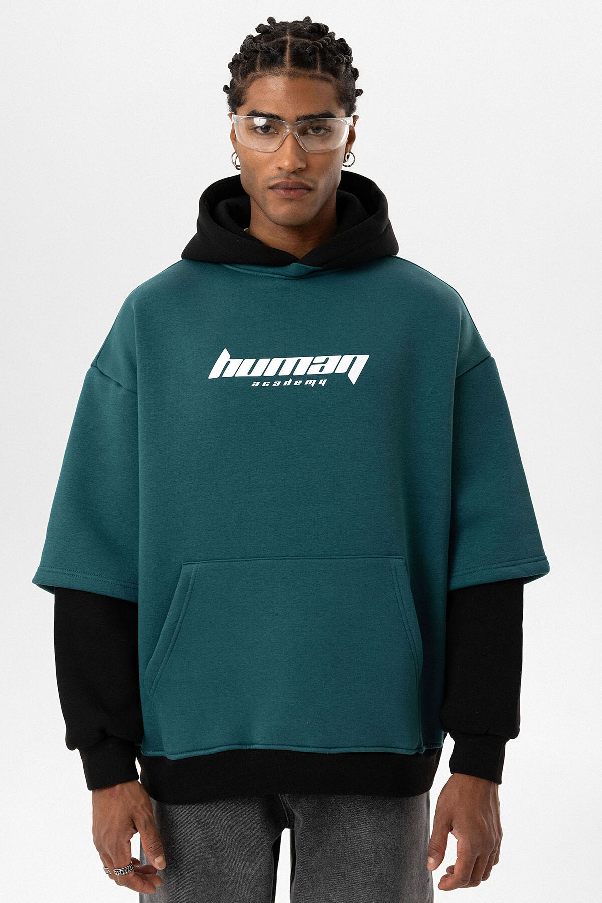 BASKILI ÇİFT KOL DETAYLI OVERSIZE SWEATSHIRT PETROL