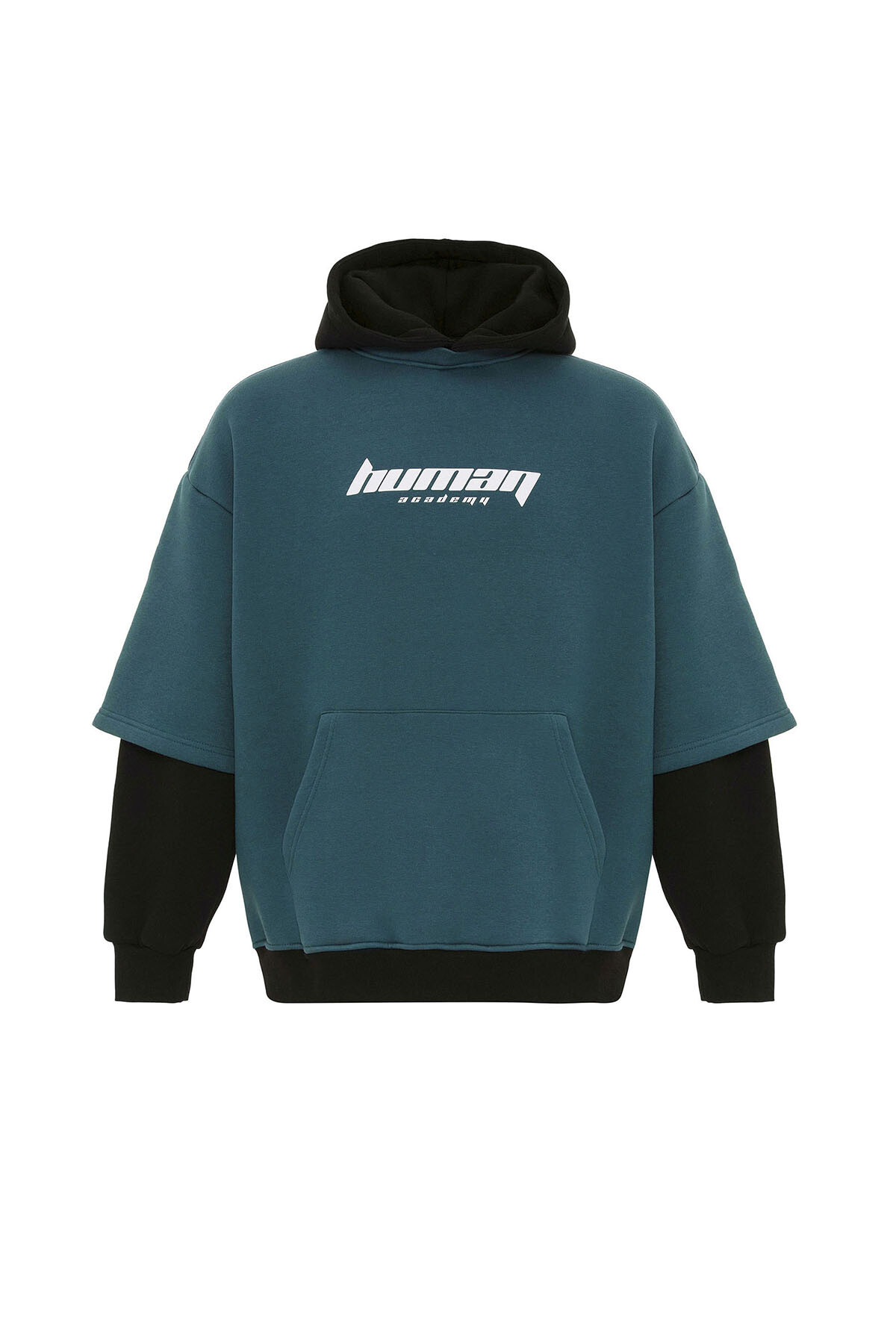 BASKILI ÇİFT KOL DETAYLI OVERSIZE SWEATSHIRT PETROL