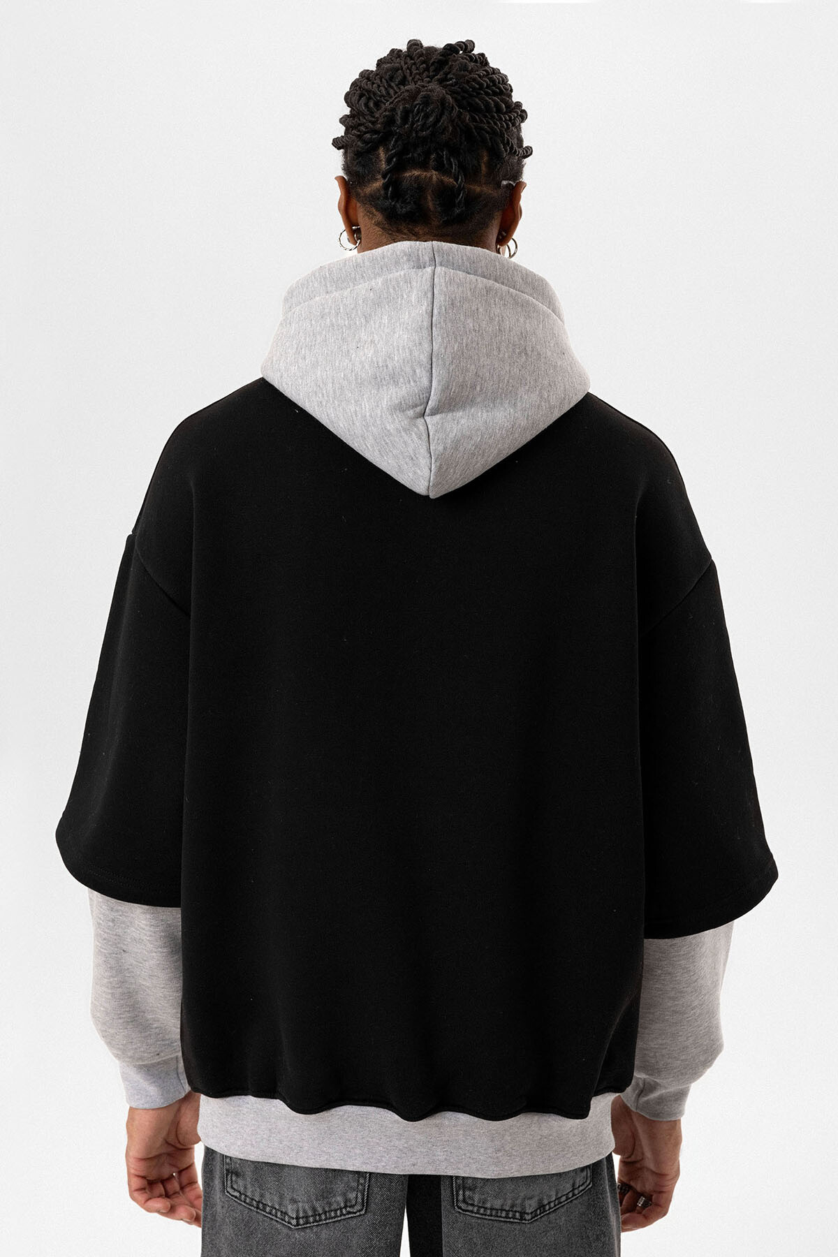 BASKILI ÇİFT KOL DETAYLI OVERSIZE SWEATSHIRT SİYAH