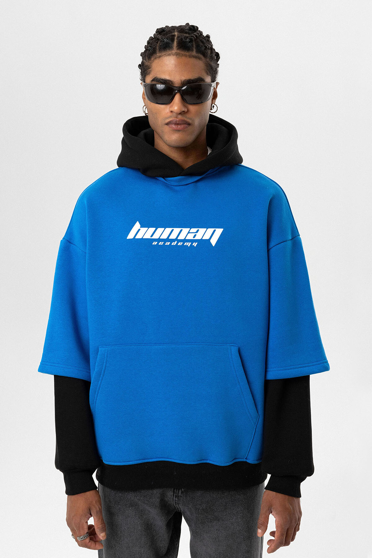 BASKILI ÇİFT KOL DETAYLI OVERSIZE SWEATSHIRT TURKUAZ