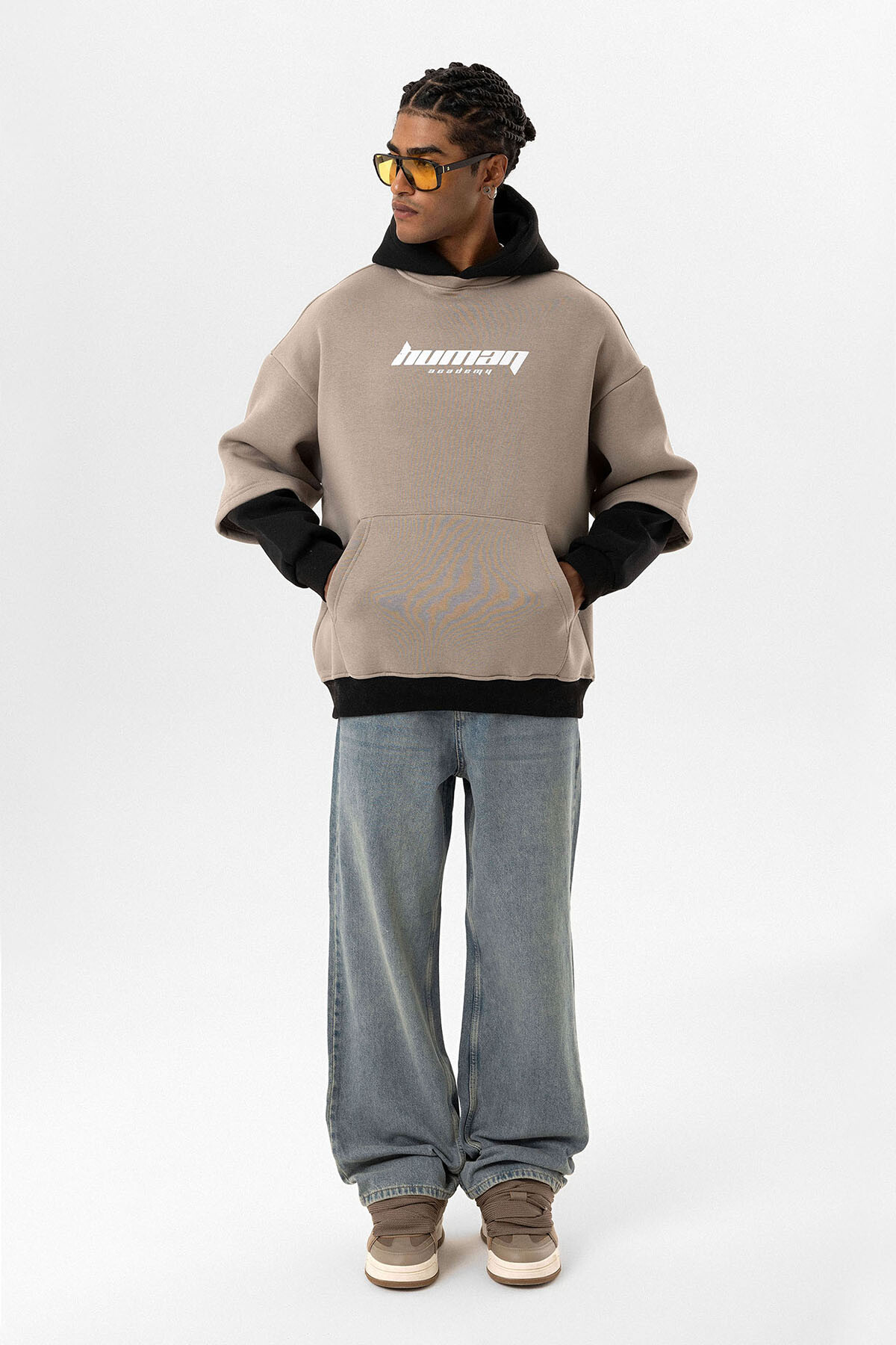 BASKILI ÇİFT KOL DETAYLI OVERSIZE SWEATSHIRT VİZON