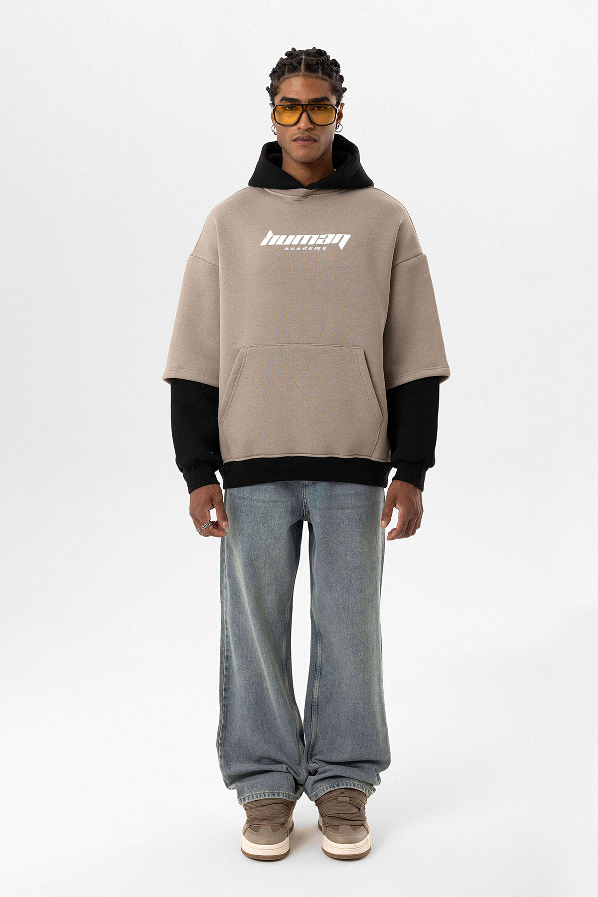 BASKILI ÇİFT KOL DETAYLI OVERSIZE SWEATSHIRT VİZON