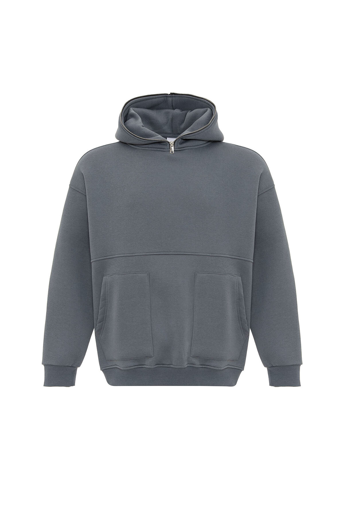 ÇİFT CEP FERMUAR DETAYLI KAPÜŞONLU SWEATSHIRT AÇIK FÜME