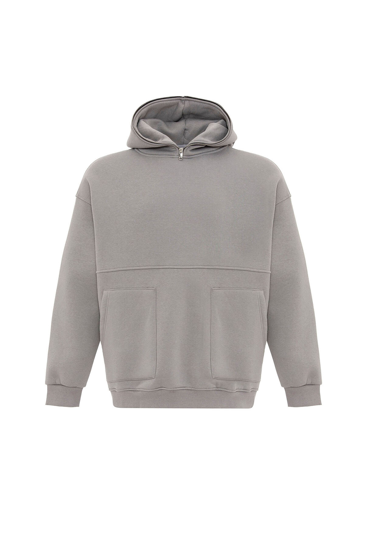 ÇİFT CEP FERMUAR DETAYLI KAPÜŞONLU SWEATSHIRT AÇIK GRİ