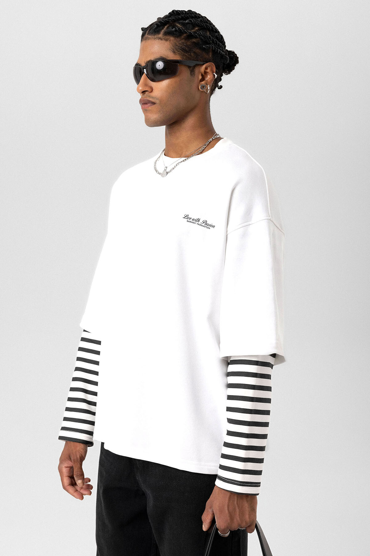 ÇİFT KOL DETAYLI BASKILI OVERSIZE SWEATSHIRT EKRU