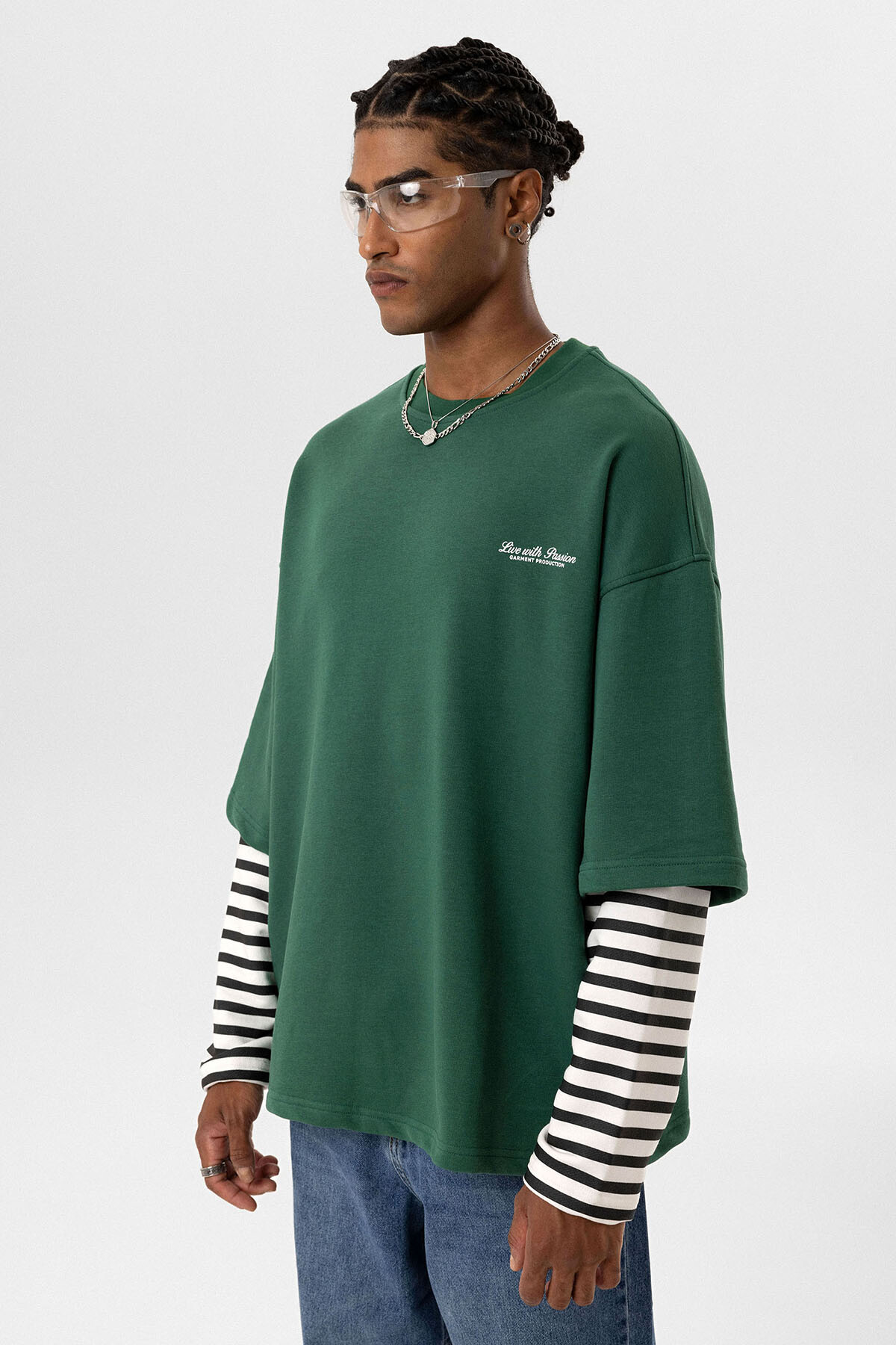 ÇİFT KOL DETAYLI BASKILI OVERSIZE SWEATSHIRT NEFTİ