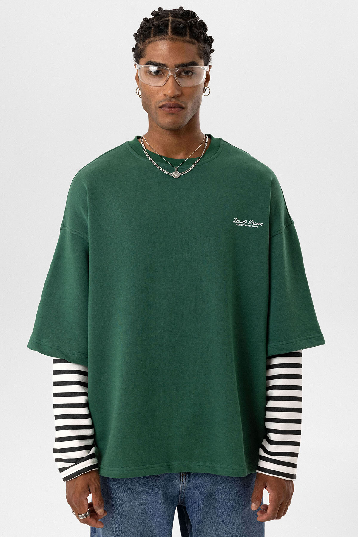 ÇİFT KOL DETAYLI BASKILI OVERSIZE SWEATSHIRT NEFTİ