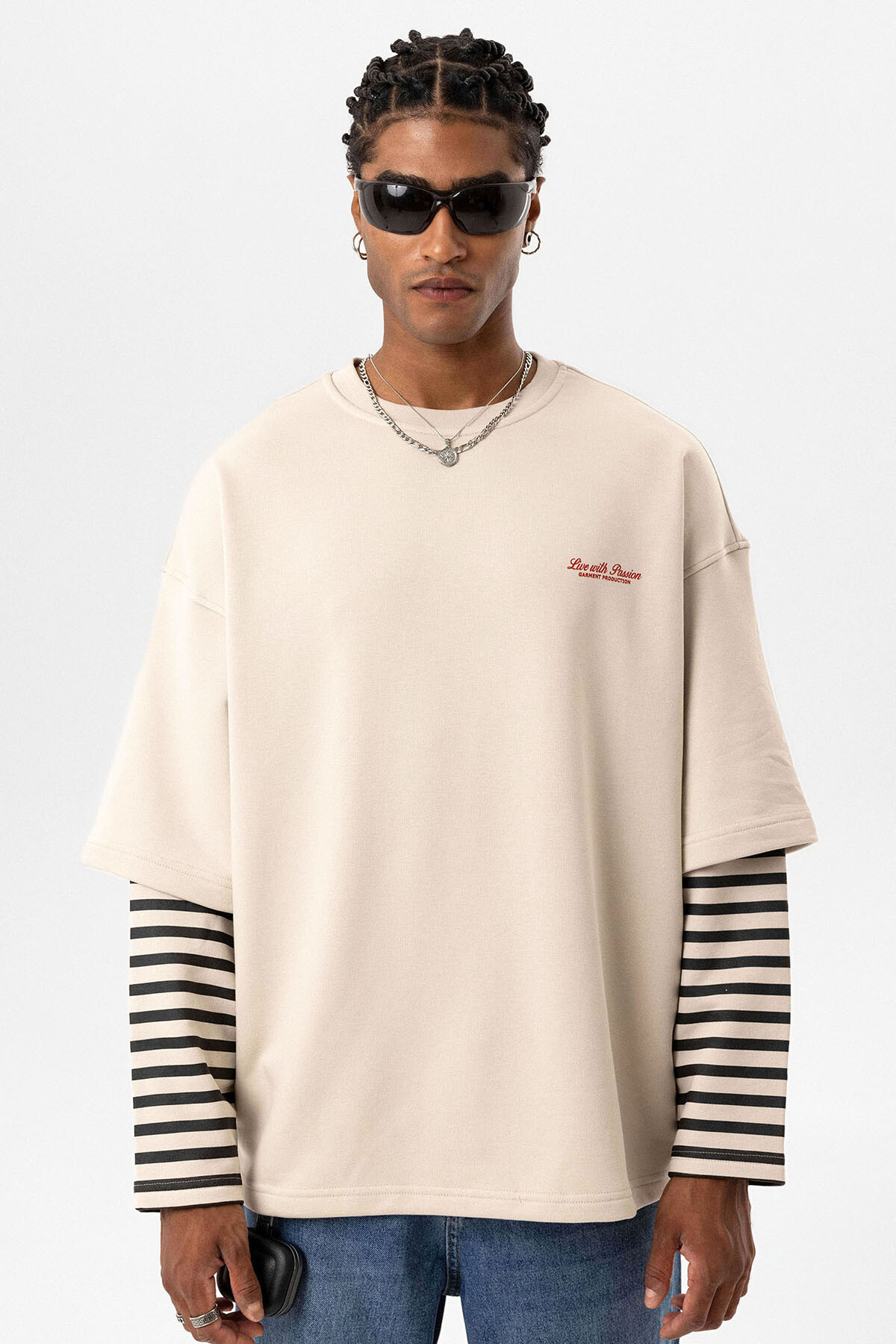 ÇİFT KOL DETAYLI BASKILI OVERSIZE SWEATSHIRT TAŞ