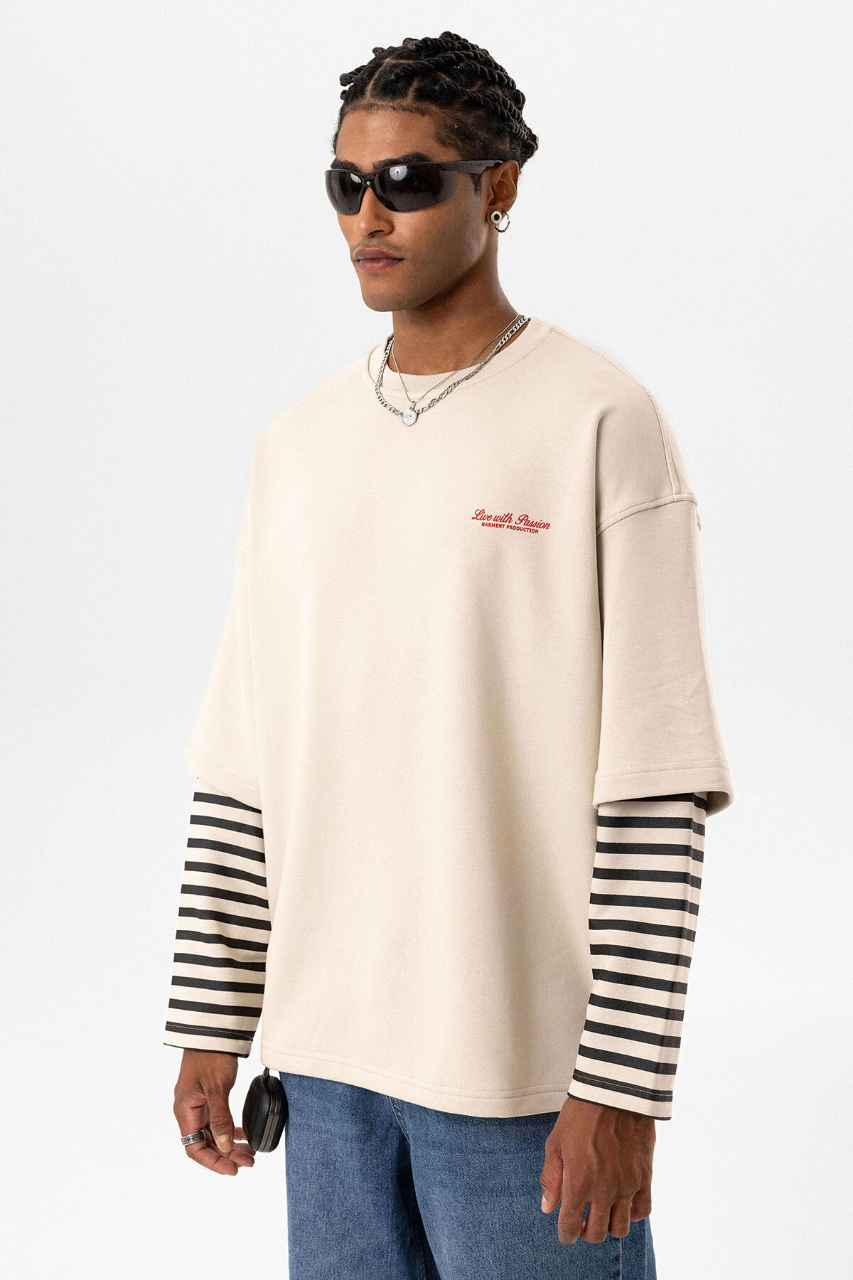 ÇİFT KOL DETAYLI BASKILI OVERSIZE SWEATSHIRT TAŞ