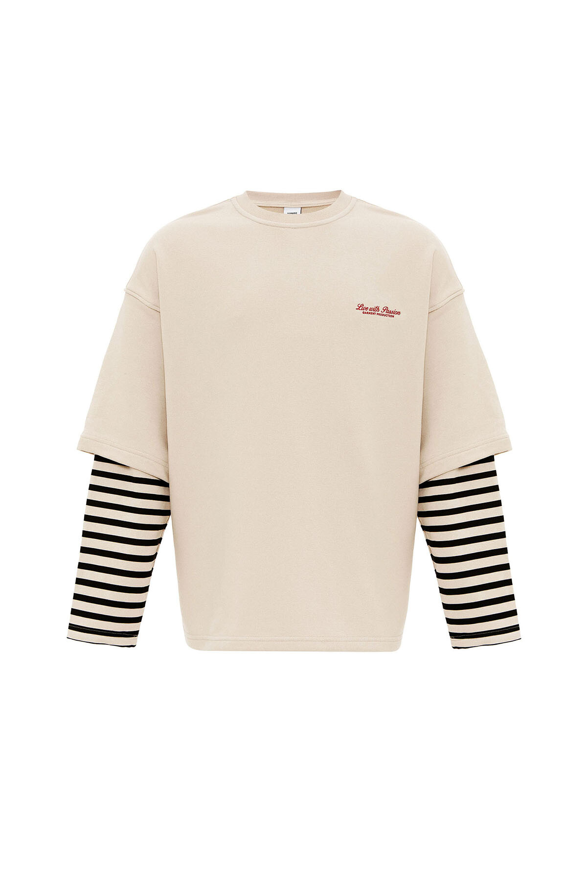 ÇİFT KOL DETAYLI BASKILI OVERSIZE SWEATSHIRT TAŞ