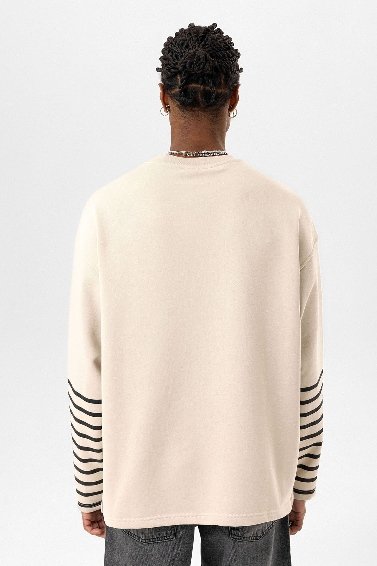 ÇİZGİLİ ŞERİT DETAYLI OVERSIZE SWEATSHIRT TAŞ