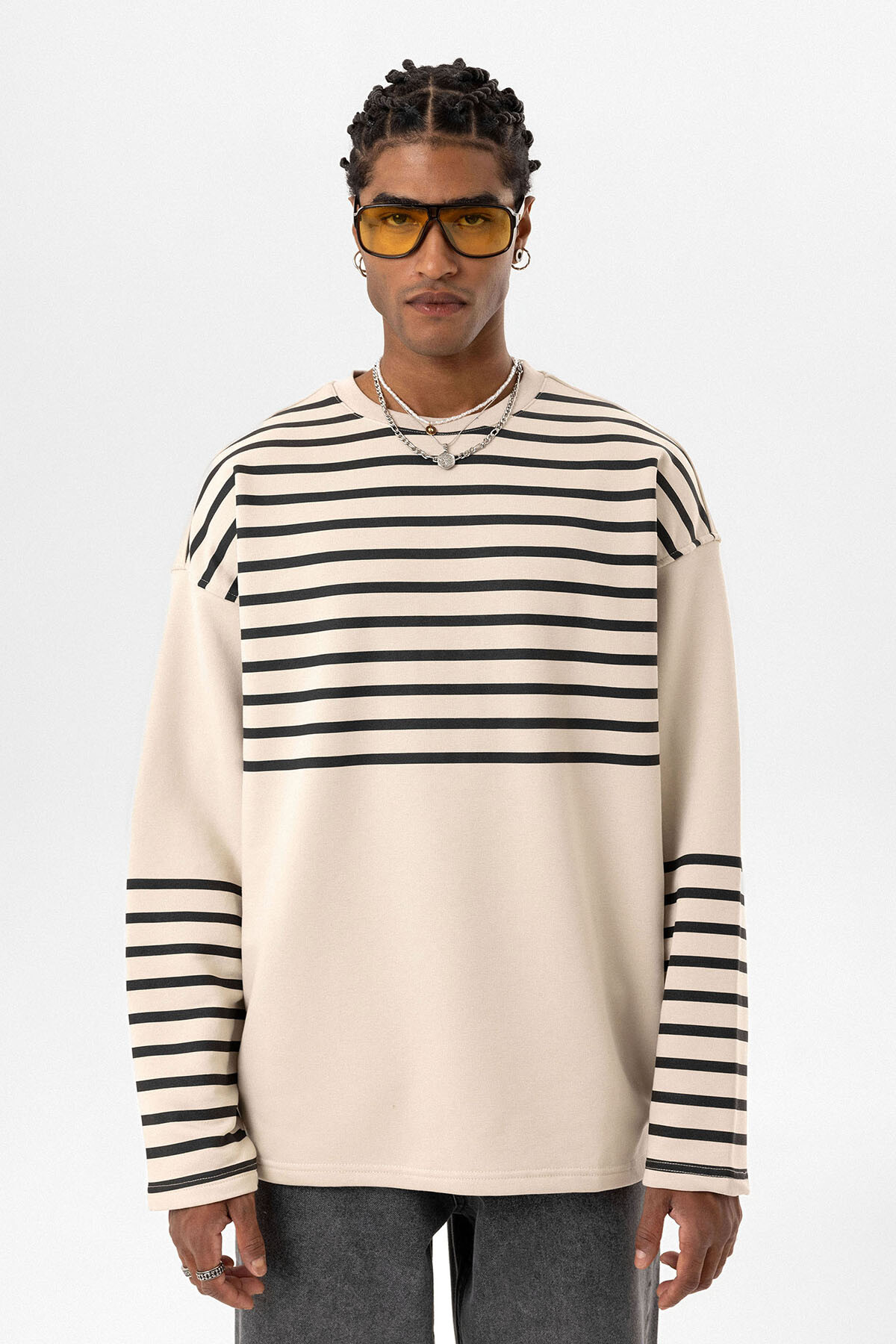 ÇİZGİLİ ŞERİT DETAYLI OVERSIZE SWEATSHIRT TAŞ