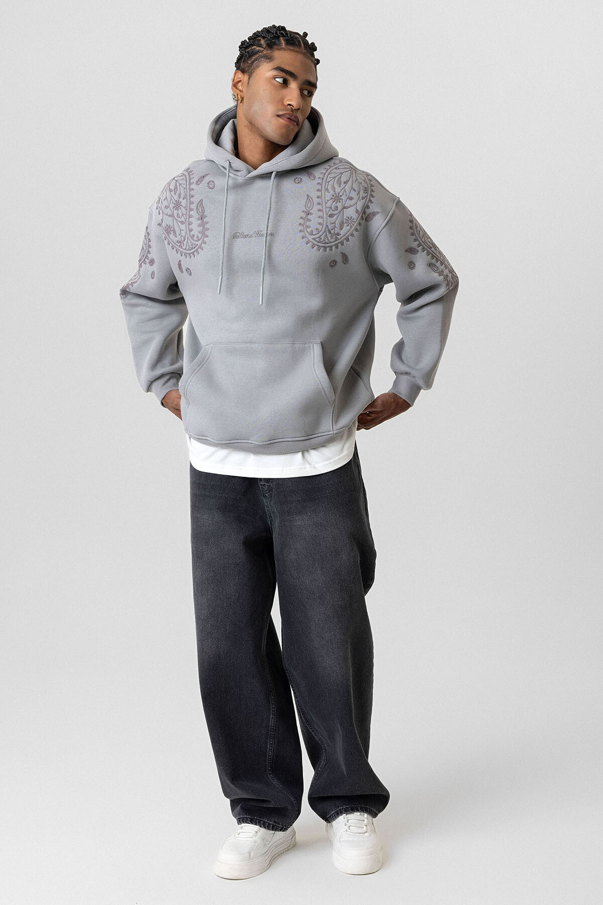 DESENLİ OVERSIZE SWEATSHIRT GRİ