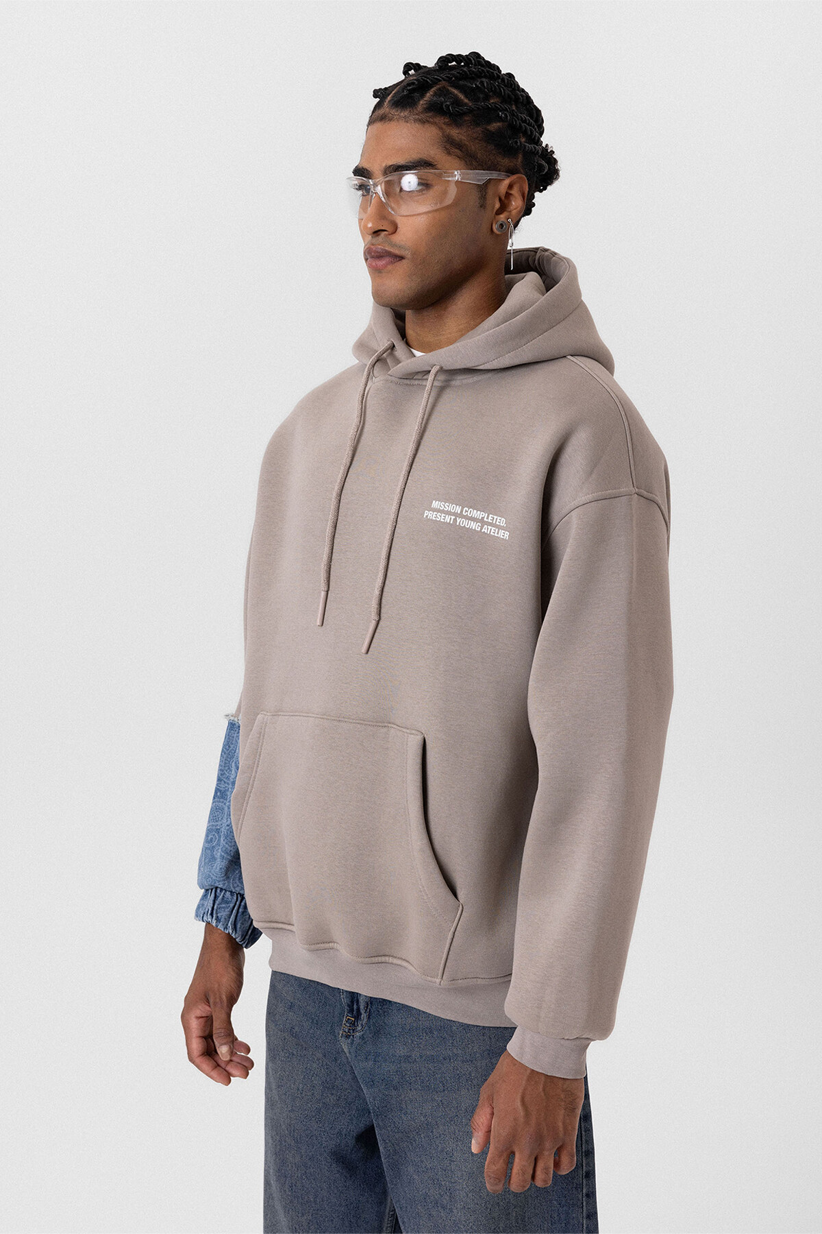 KAPÜŞONLU KOL DETAYLI OVERSIZE SWEATSHIRT VİZON