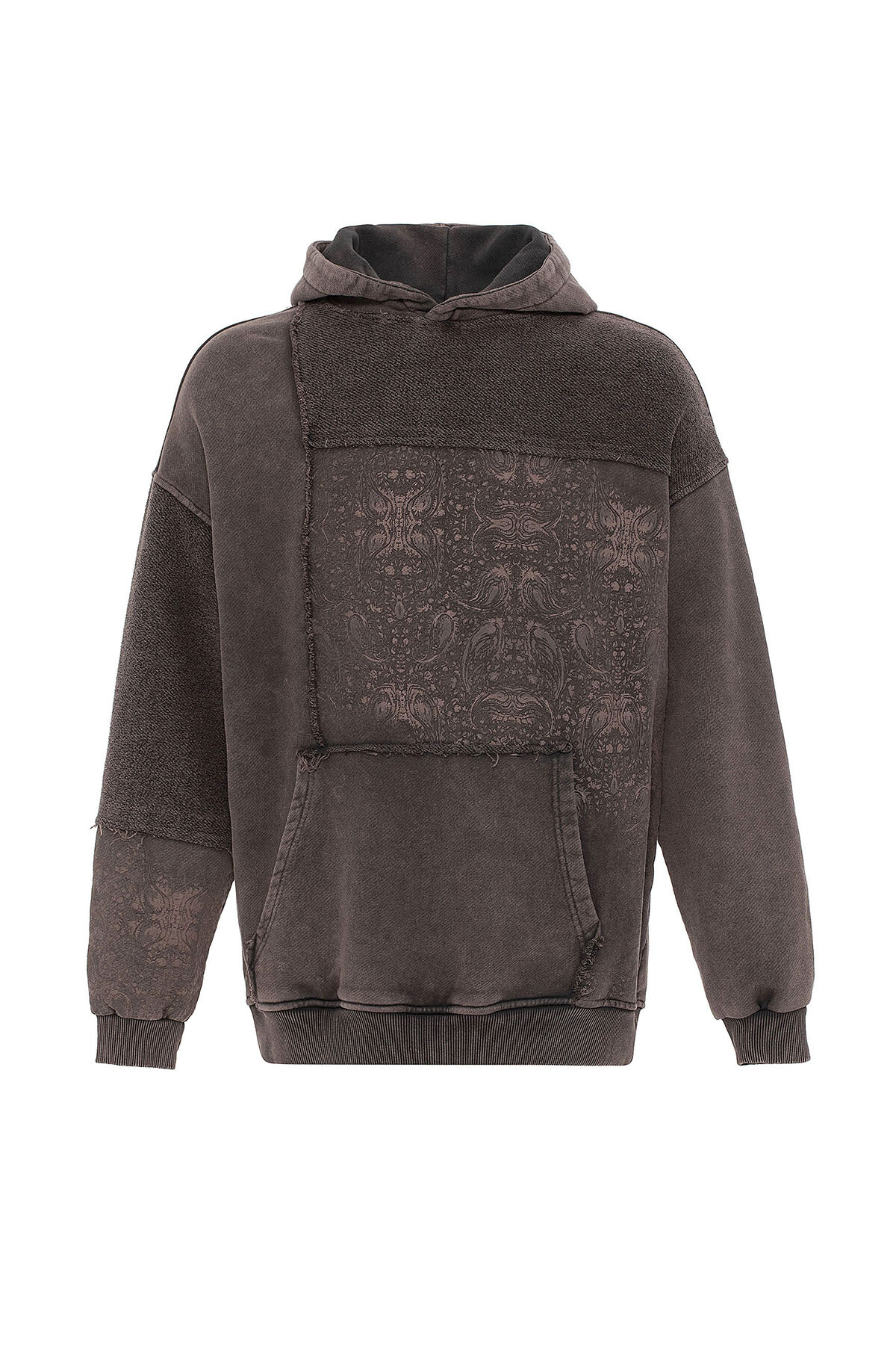 ÖN DİKİŞLİ ETNİK BASKILI OVERSIZE SWEATSHIRT AÇIK KAHVE