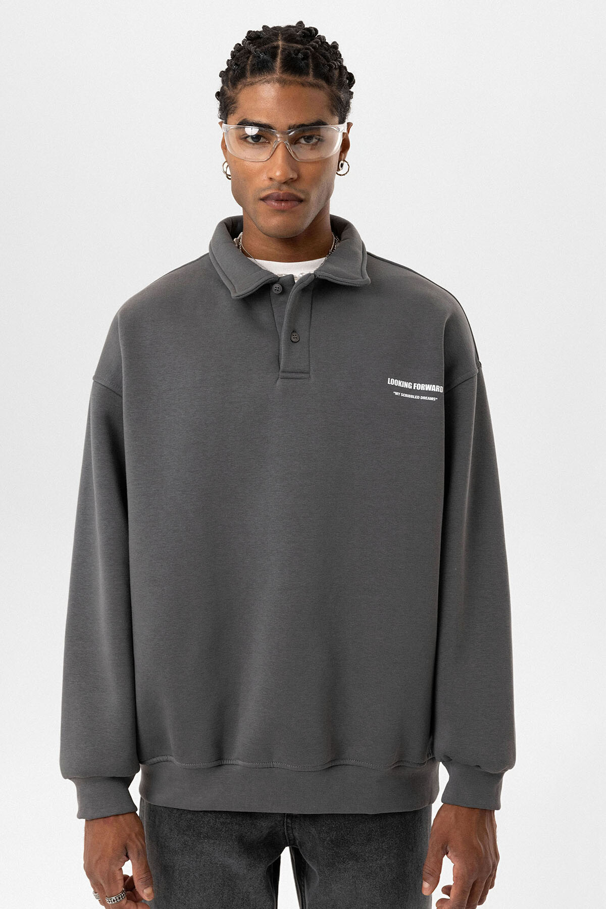 POLO YAKA BASKILI OVERSIZE SWEATSHIRT FÜME