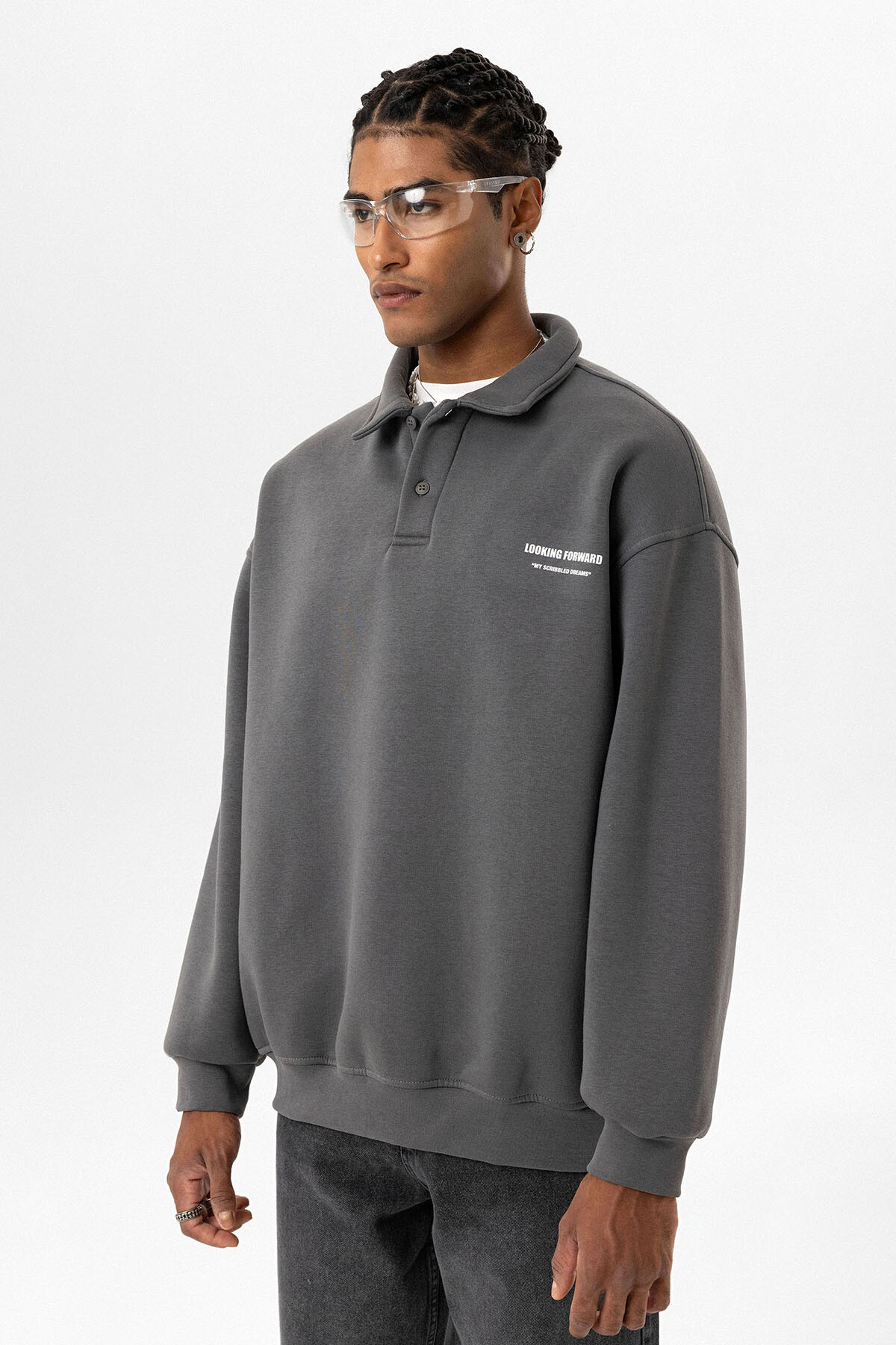 POLO YAKA BASKILI OVERSIZE SWEATSHIRT FÜME