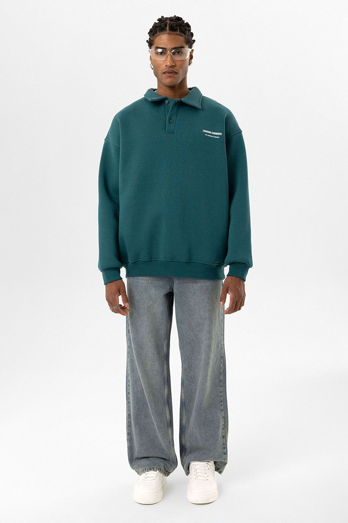 POLO YAKA BASKILI OVERSIZE SWEATSHIRT PETROL