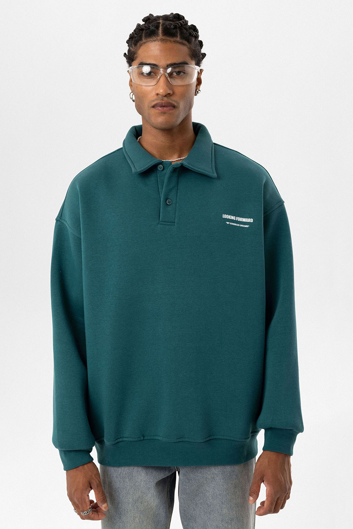 POLO YAKA BASKILI OVERSIZE SWEATSHIRT PETROL