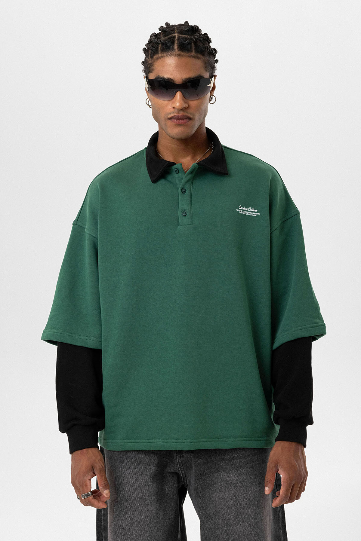 POLO YAKA ÇİFT KOL DETAYLI OVERSIZE SWEATSIHRT NEFTİ