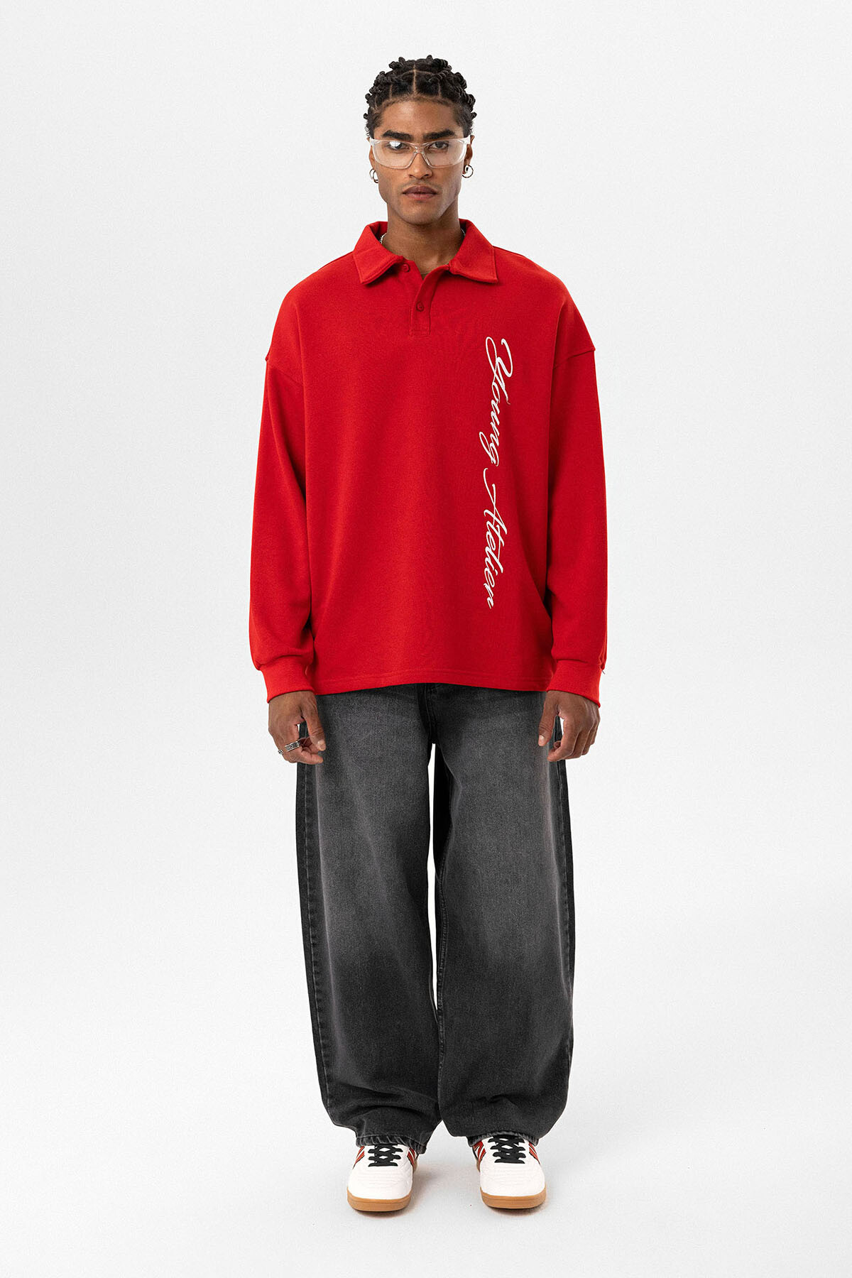 POLO YAKA YAZI DETAYLI OVERSIZE SWEATSHIRT KIRMIZI