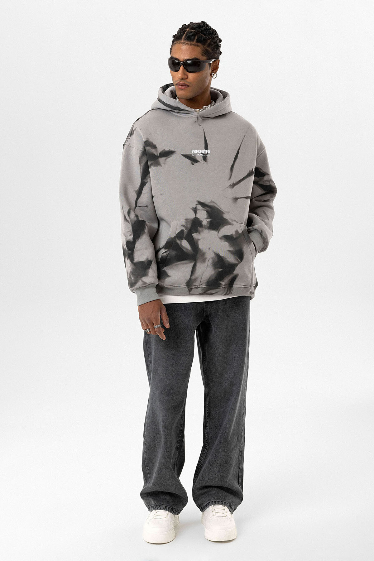 RENK DETAYLI KAPÜŞONLU OVERSIZE SWEATSHIRT GRİ