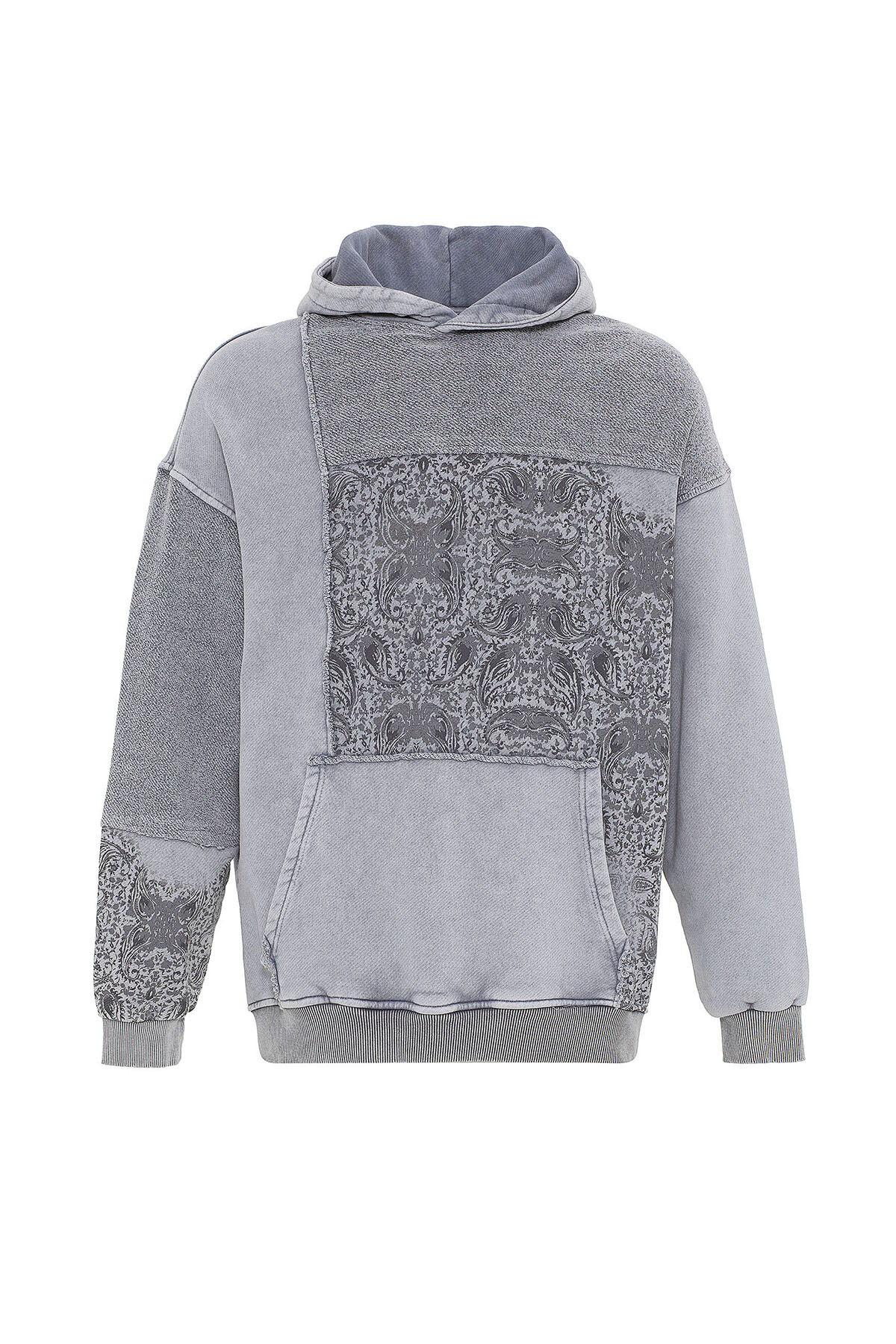 ÖN DİKİŞLİ ETNİK BASKILI OVERSIZE SWEATSHIRT GRİ