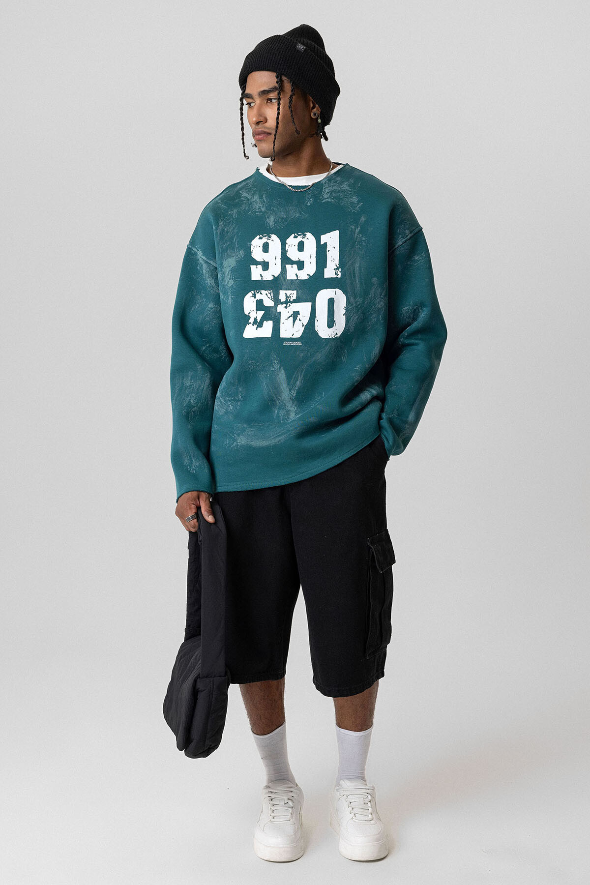 YAZI DETAYLI OVERSIZE SWEATSHIRT PETROL