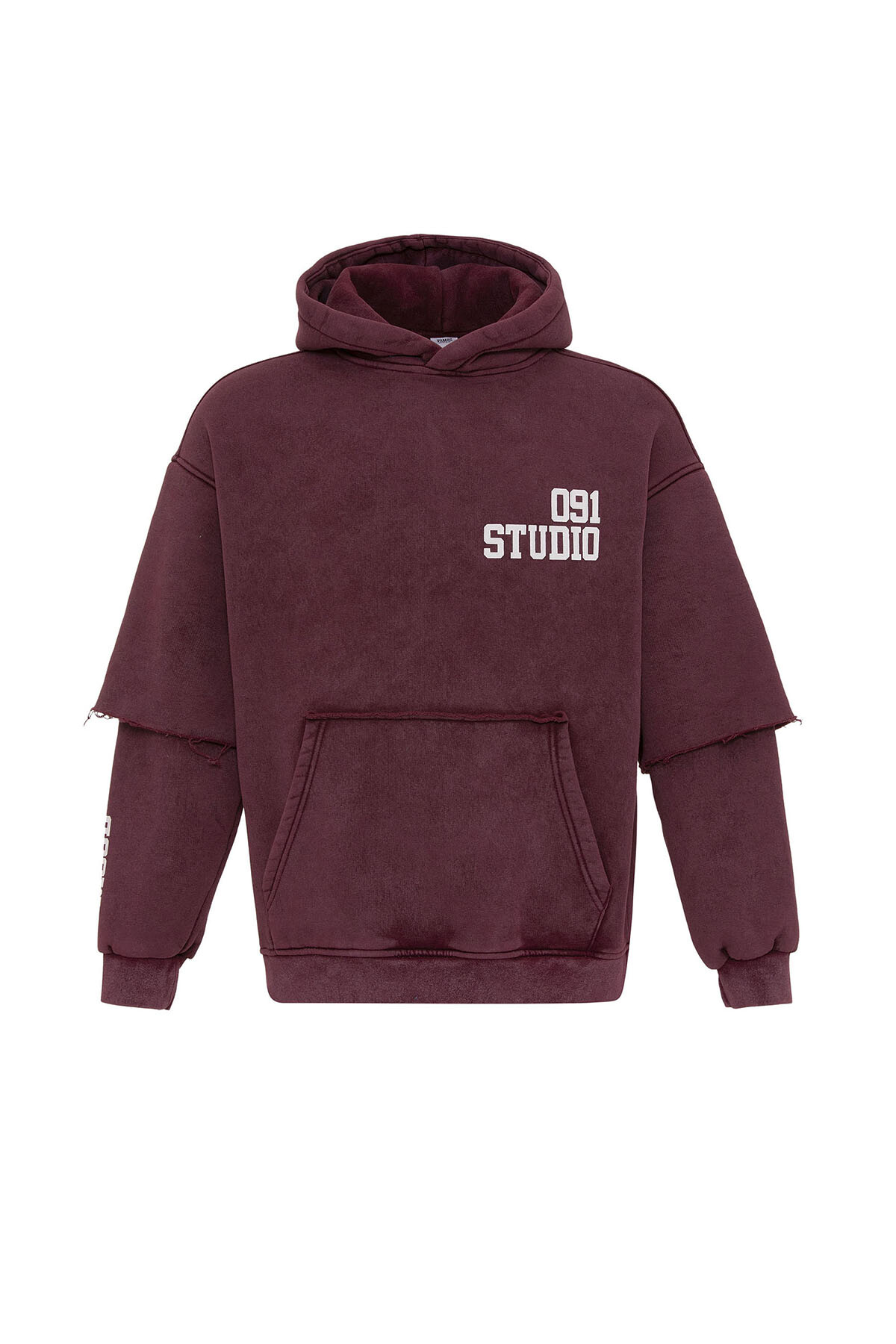 YIKAMALI ÇİFT KOL DETAYLI KAPÜŞONLU OVERSIZE SWEATSHIRT BORDO