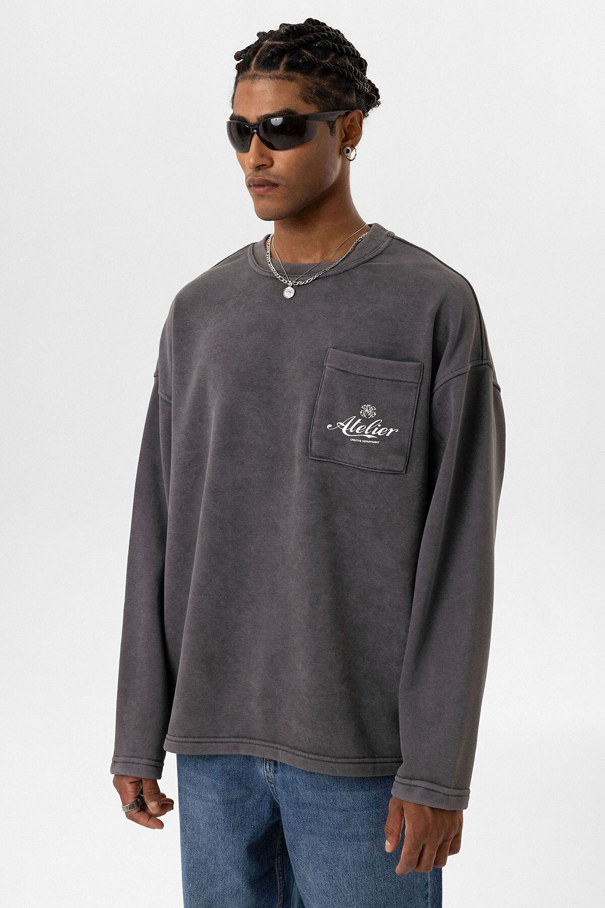 YIKAMALI OVERSIZE CEP DETAYLI SWEATSHIRT FÜME